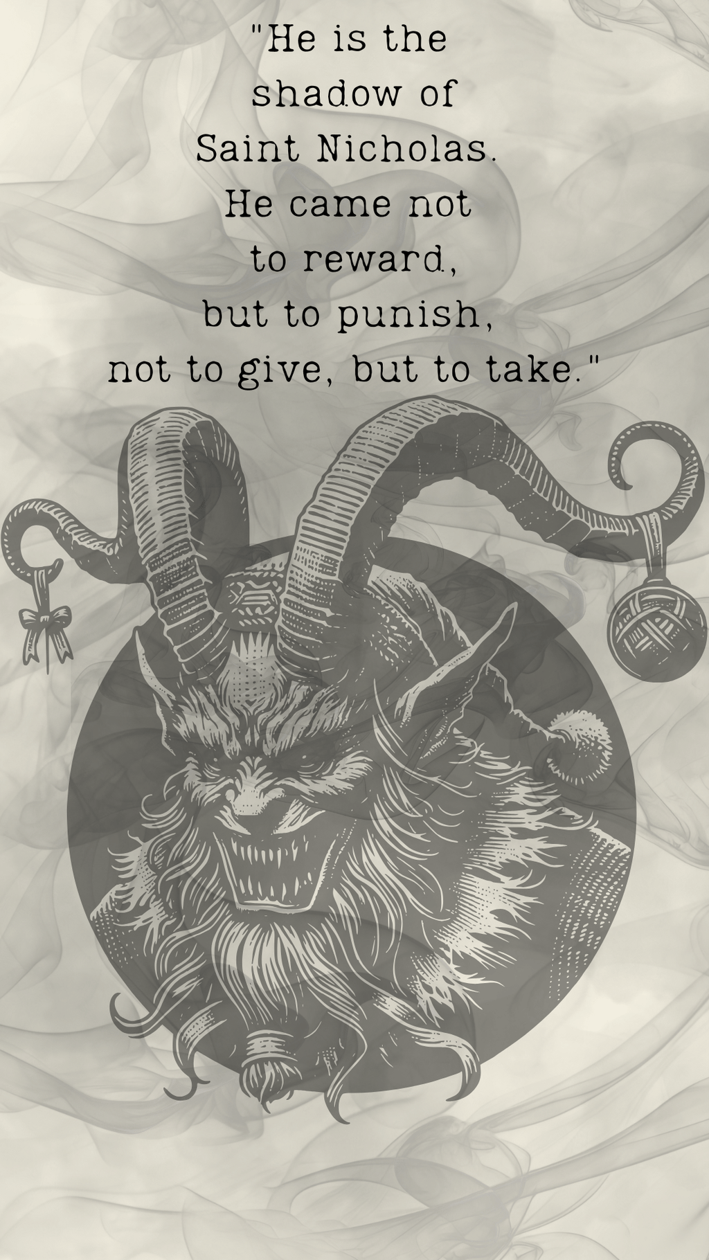 A black and white gothic illustration of a horned demon or beast inside a circular frame, with a quote printed above in serif text on a smoky, textured background.