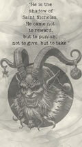 A black and white gothic illustration of a horned demon or beast inside a circular frame, with a quote printed above in serif text on a smoky, textured background.
