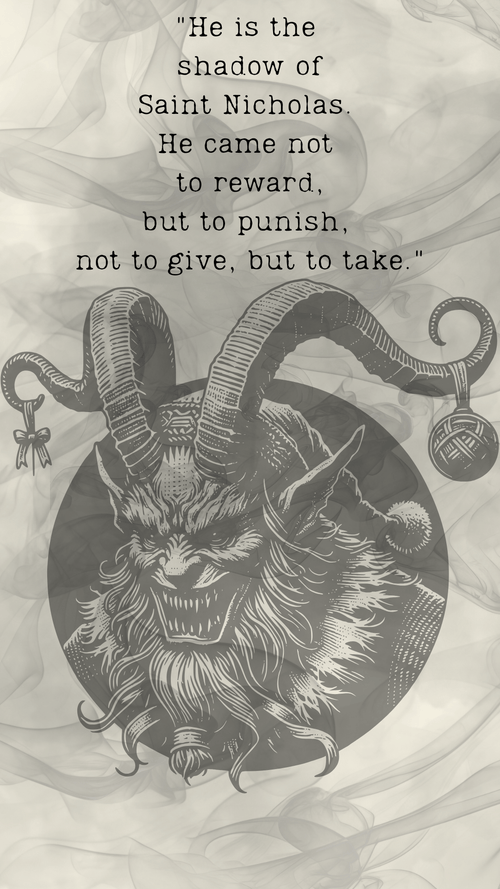 A black and white gothic illustration of a horned demon or beast inside a circular frame, with a quote printed above in serif text on a smoky, textured background.