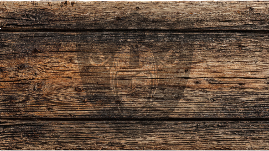 Rustic brown wooden plank background with visible grain, knots, and weathered texture, overlaid with a faint circular logo watermark.
