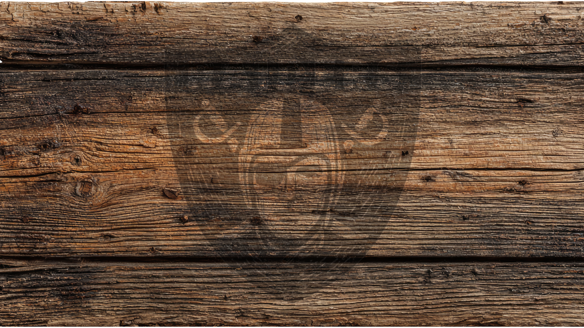 Rustic brown wooden plank background with visible grain, knots, and weathered texture, overlaid with a faint circular logo watermark.