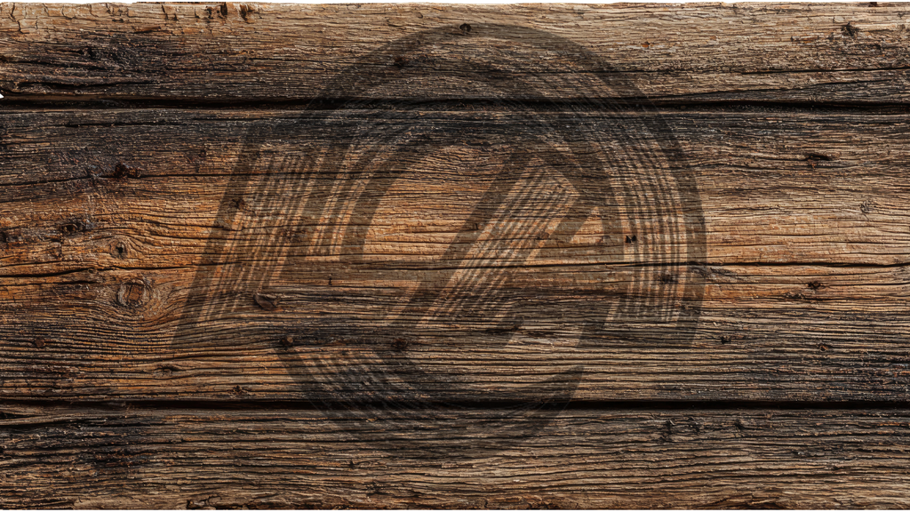 Rustic dark brown wooden planks background with a faint circular logo watermark overlay.