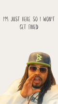 A graphic print featuring the text 'I'M JUST HERE SO I WON'T GET FINED' above a stylized portrait of a man with dreadlocks, sunglasses, and a cap, making a cupping gesture with his hand.