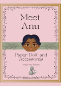 A pink book or booklet cover reading 'Meet Anu' and 'Paper Doll and Accessories' with 'Meet Me Series' below. The center shows an illustrated face with dark hair, framed by a decorative border, with a small raccoon near the bottom.