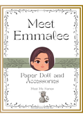 A book or booklet cover titled 'Meet Emmalee' with the subtitle 'Paper Doll and Accessories' and 'Meet Me Series.' The cover has a white background with a decorative border, a stylized illustrated face in the center, and a small raccoon illustration near the bottom.