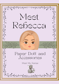 A flat illustrated cover design reading 'Meet Rebecca' and 'Paper Doll and Accessories' with 'Meet Me Series' below, featuring a stylized blonde girl's face, a small raccoon, and decorative border text on a pale lavender background.