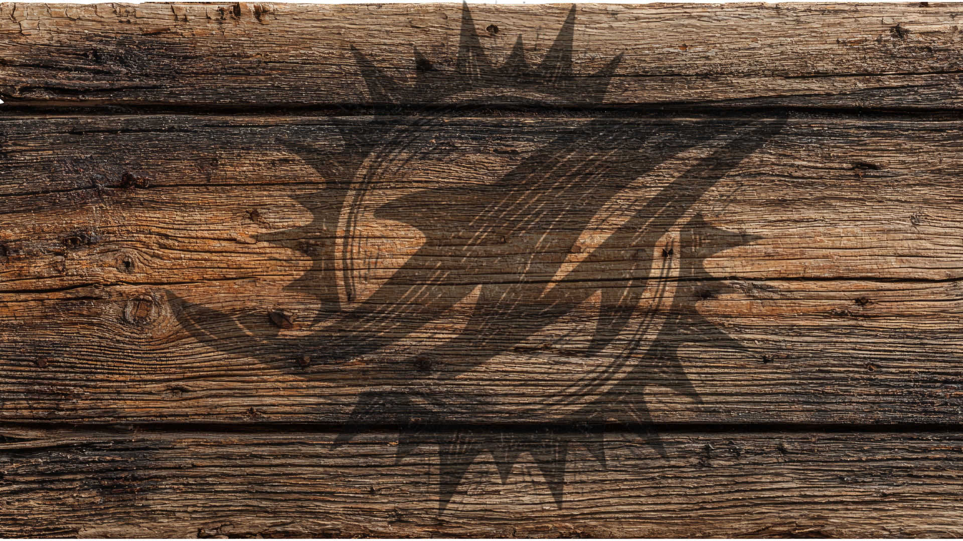 A rustic dark brown wood plank surface with a black engraved or burned graphic of a stylized dolphin motif across the center.