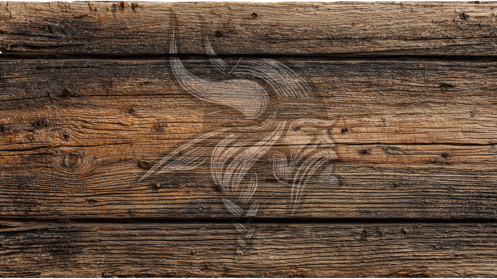 Rustic dark brown wooden planks background with a faint white line-art illustration of a horned Viking head in the center.