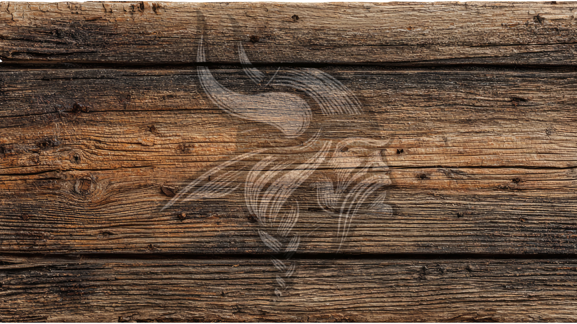 Rustic dark brown wooden planks background with a faint white line-art illustration of a horned Viking head in the center.