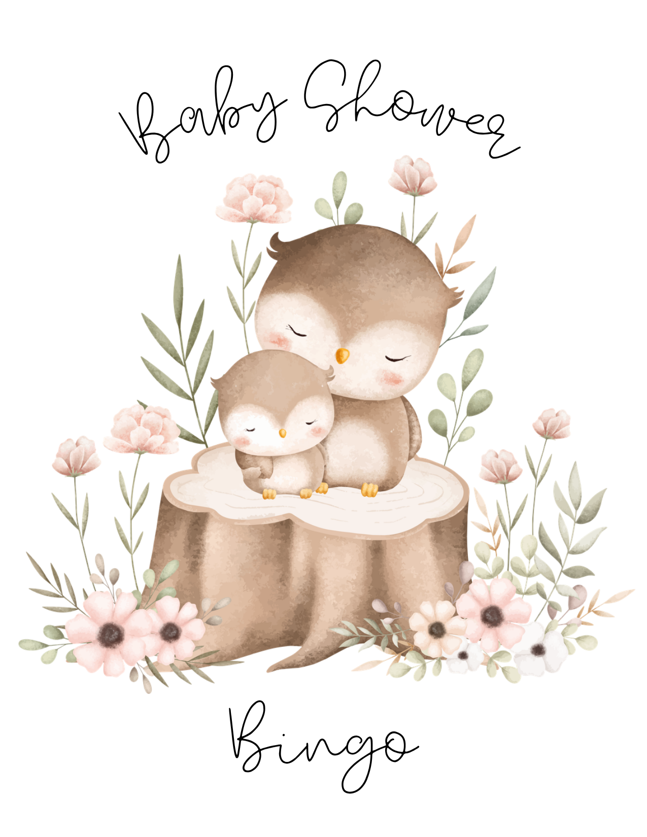A baby shower bingo card design featuring a watercolor illustration of a mother owl and her baby owl sitting on a tree stump, surrounded by pink flowers and green leaves. The words 'Baby Shower' are written at the top and 'Bingo' at the bottom in black script.