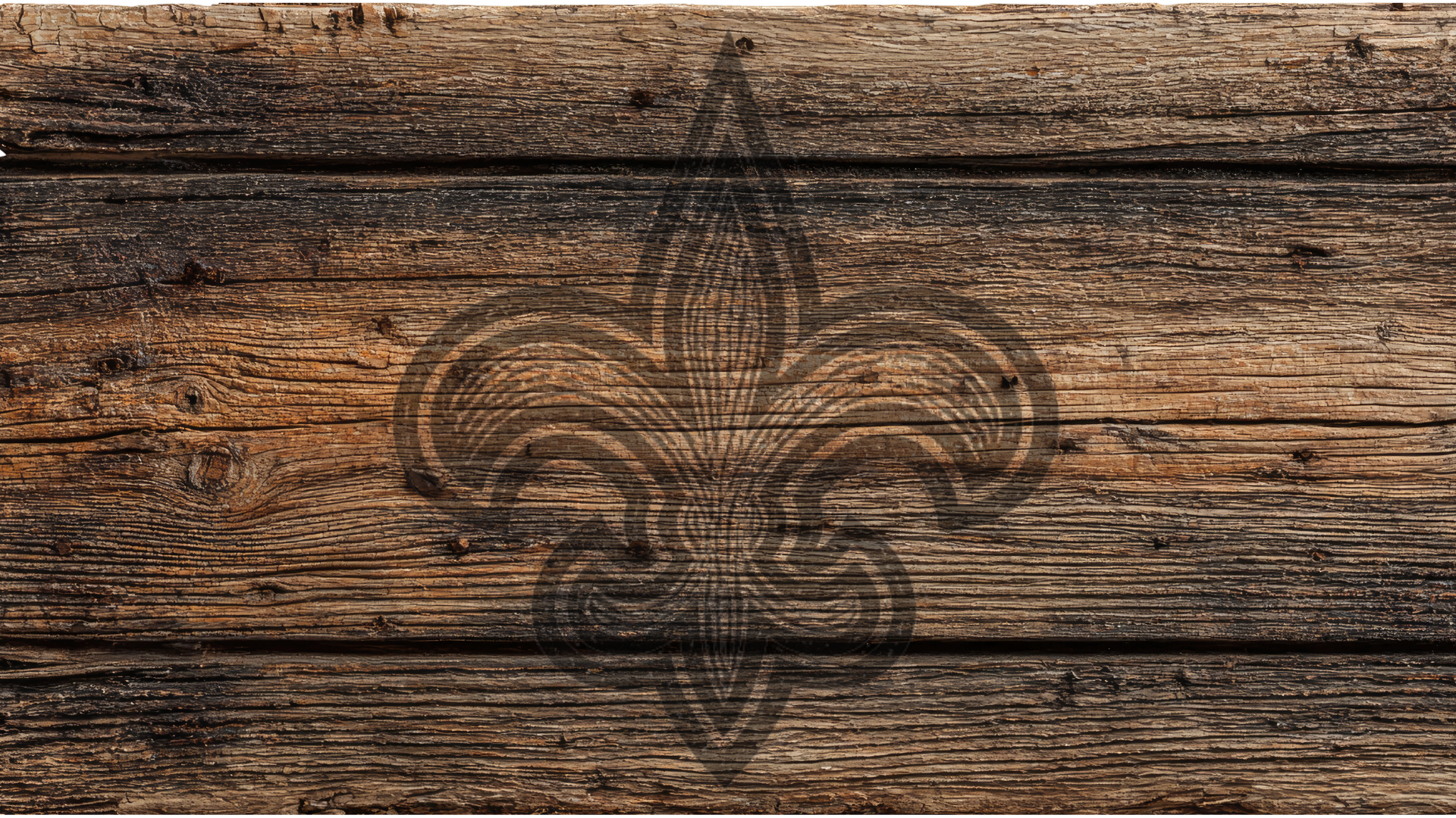 Rustic dark brown wooden plank background with a faded fleur-de-lis emblem centered on the surface.