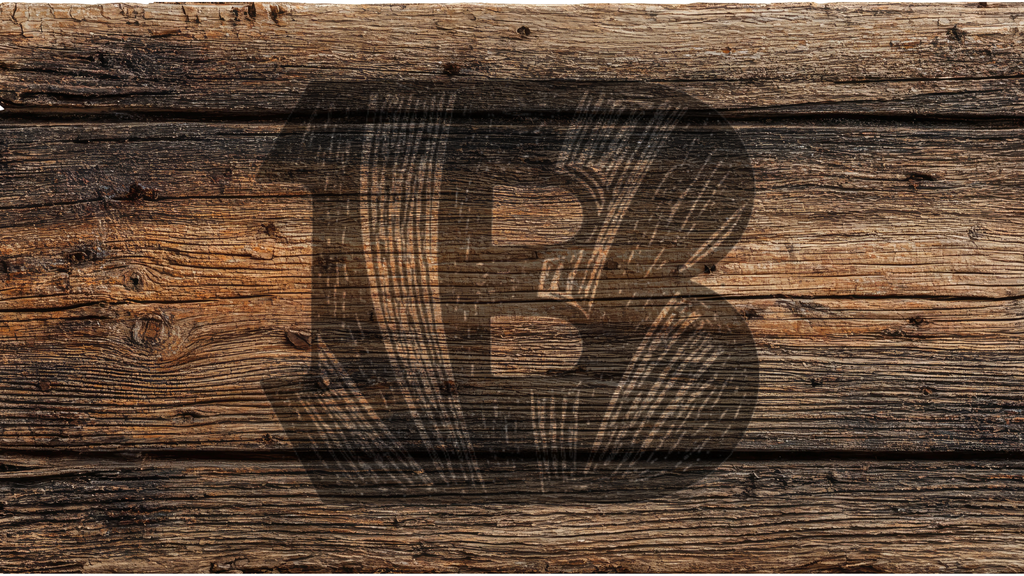 A rustic brown wooden plank background with a large semi-transparent black letter 'B' overlaid in the center.