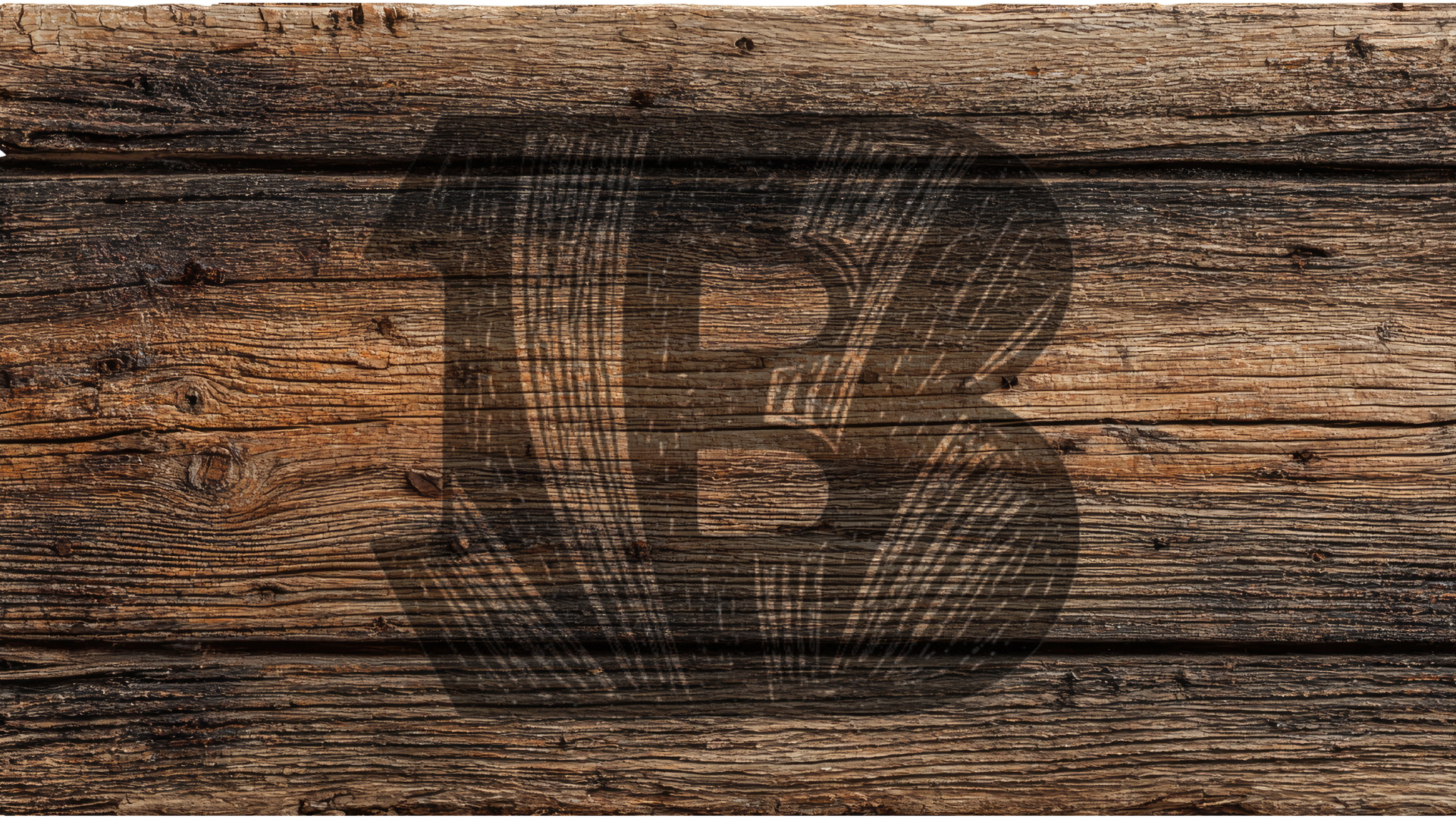 A rustic brown wooden plank background with a large semi-transparent black letter 'B' overlaid in the center.