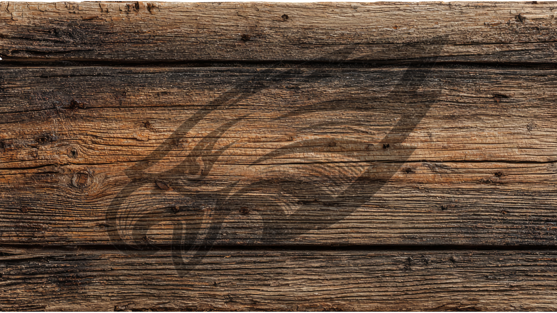 Rustic dark brown wood plank background with a faint dark eagle head graphic overlaid across the center.