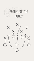 A minimalist graphic print featuring the handwritten text 'PUTTIN' ON THE BLITZ' above a black tactical play diagram on a warm off-white background.