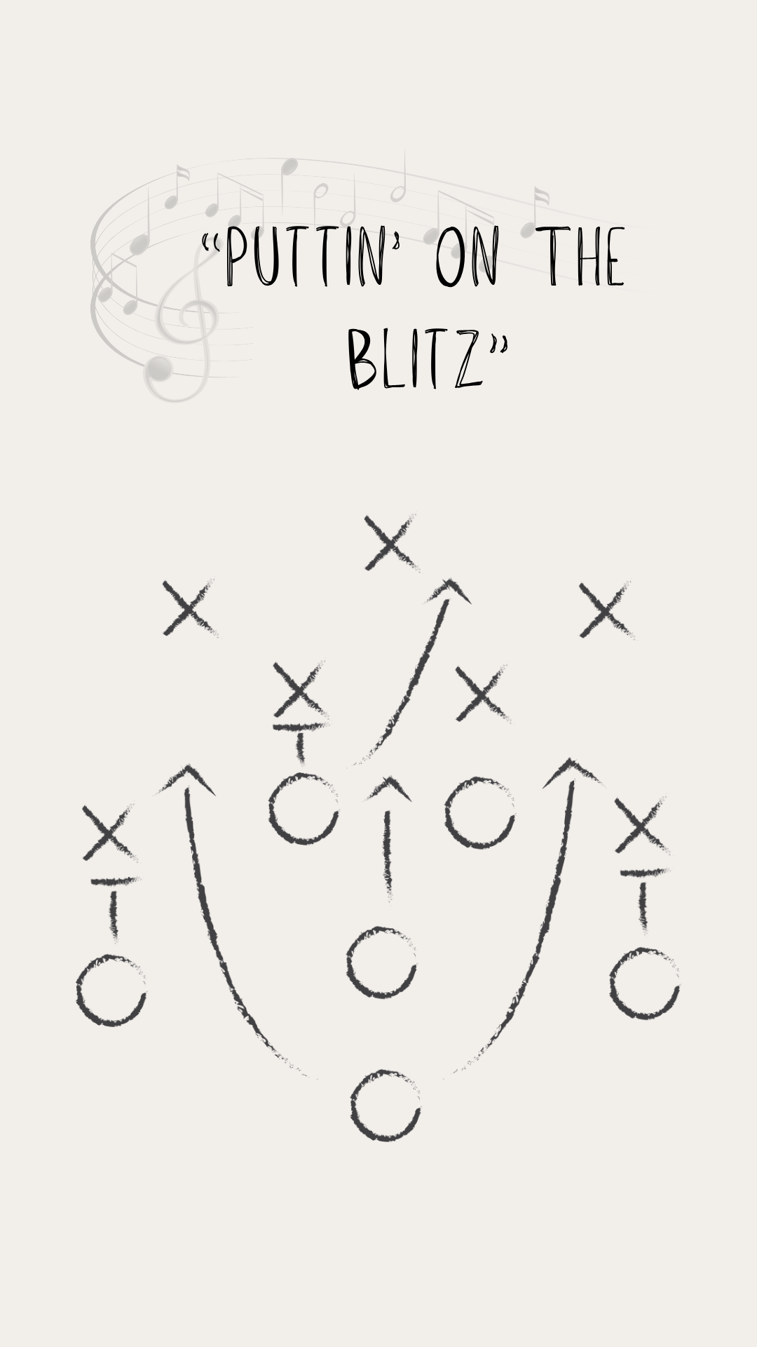 A minimalist graphic print featuring the handwritten text 'PUTTIN' ON THE BLITZ' above a black tactical play diagram on a warm off-white background.