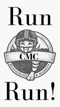 A black and white graphic design featuring the text 'Run CMC Run!' with a central circular illustration of a football helmet and a banner reading 'CMC Restaurant & Market'.