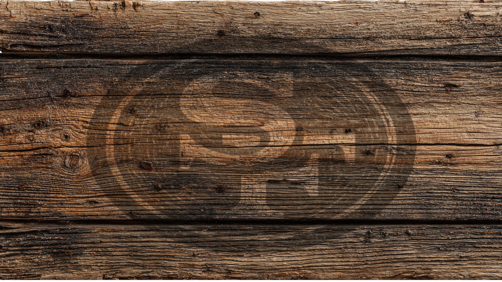 Rustic brown wooden plank background with a faint embossed circular logo in the center.