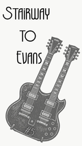 A graphic print featuring the text 'STAIRWAY TO EVANS' in a black stylized font above a detailed black-and-white illustration of a double neck guitar, on a light off-white background.