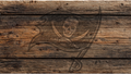 Rustic dark brown wooden planks background with a faded black pirate skull and crossbones flag design overlaid in the center.