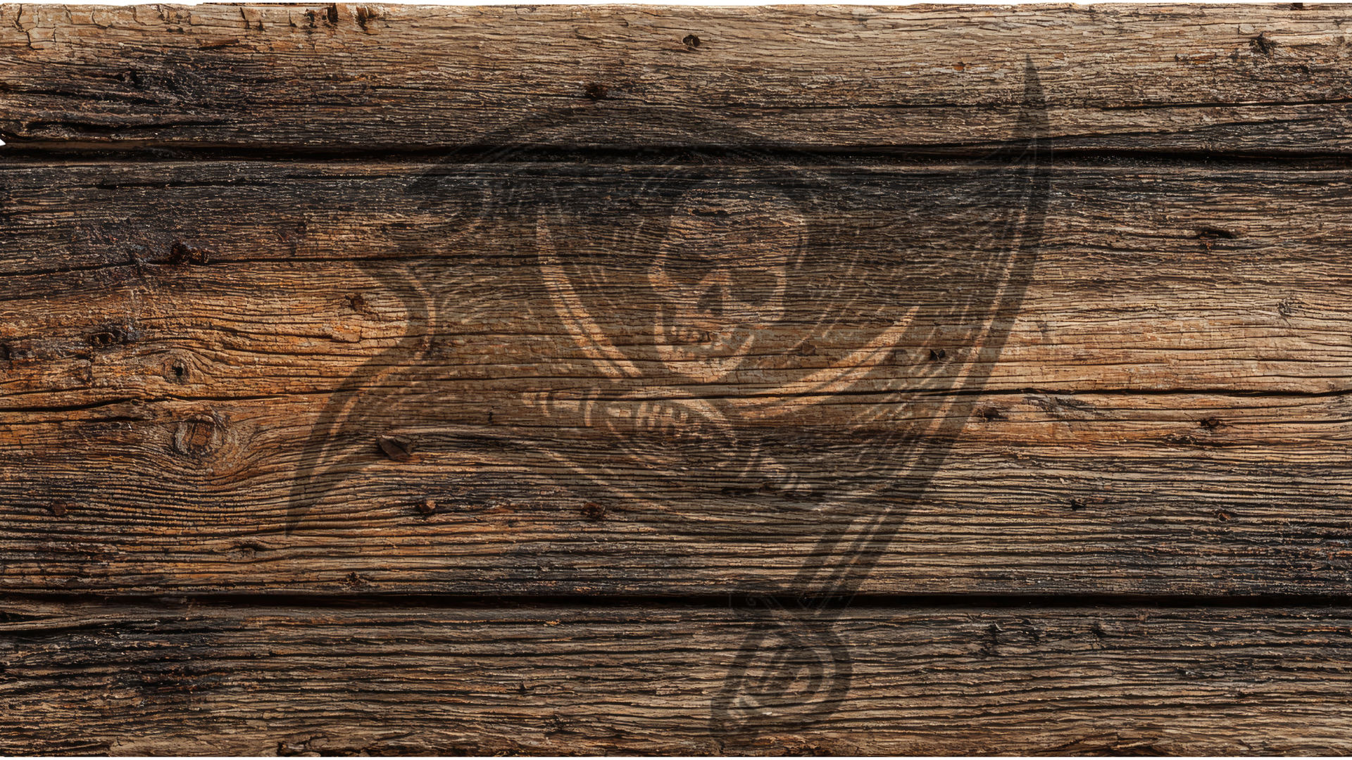 Rustic dark brown wooden planks background with a faded black pirate skull and crossbones flag design overlaid in the center.