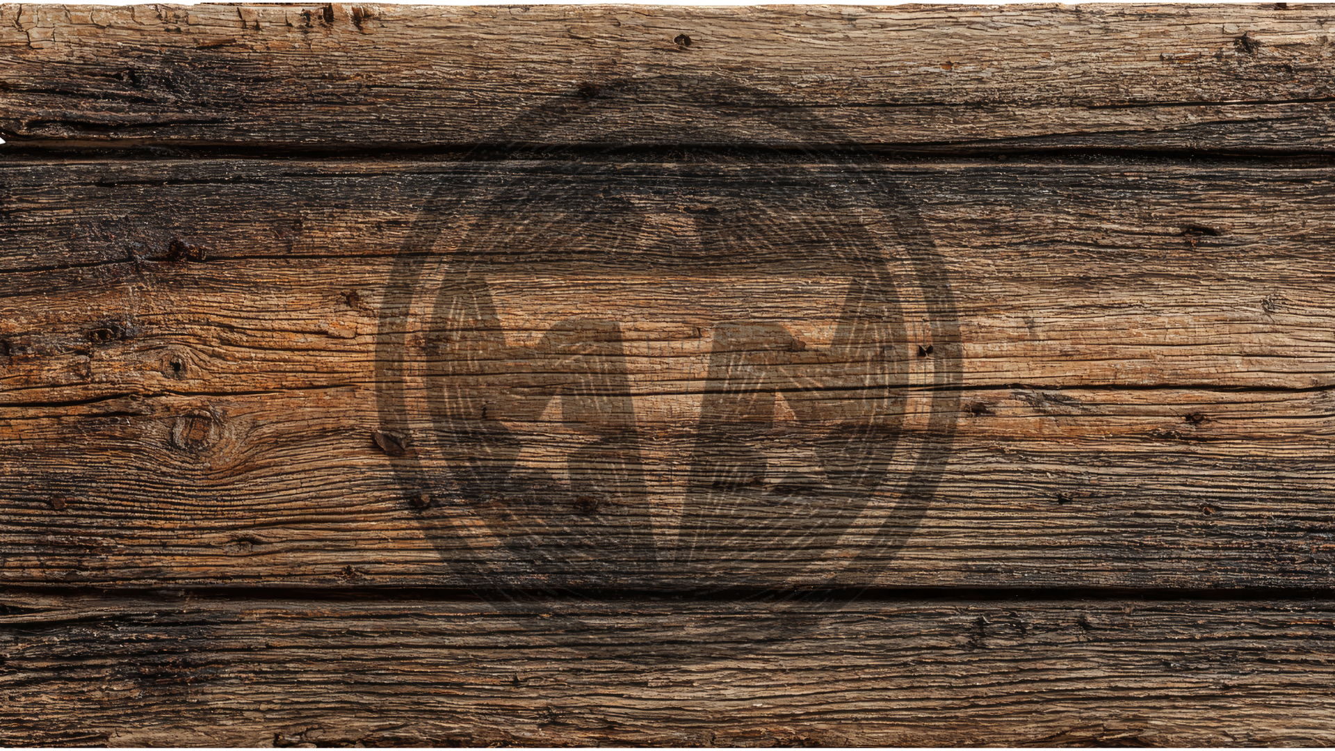 Rustic brown wooden plank background with visible grain, knots, and a faint circular logo watermark in the center.
