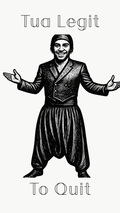 A American Football Tua Inspired white graphic illustration of a man in Parachute Pants with arms outstretched, accompanied by the text 'Tua Legit' at the top and 'To Quit' at the bottom, set against a solid off-white background.