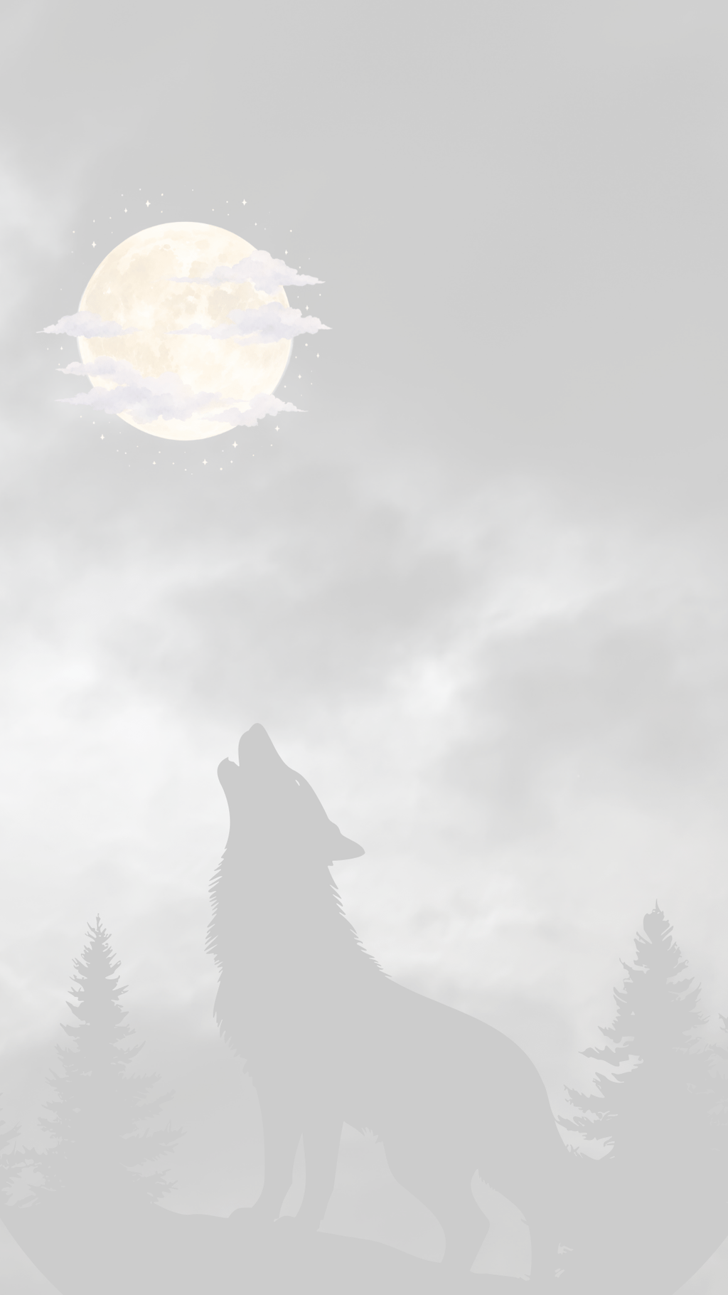 A moody, Trasnparent illustration of a wolf howling up at a large full moon, with silhouetted pine trees at the bottom against a cloudy sky.