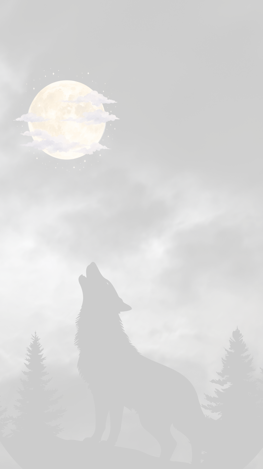 A moody, Trasnparent illustration of a wolf howling up at a large full moon, with silhouetted pine trees at the bottom against a cloudy sky.