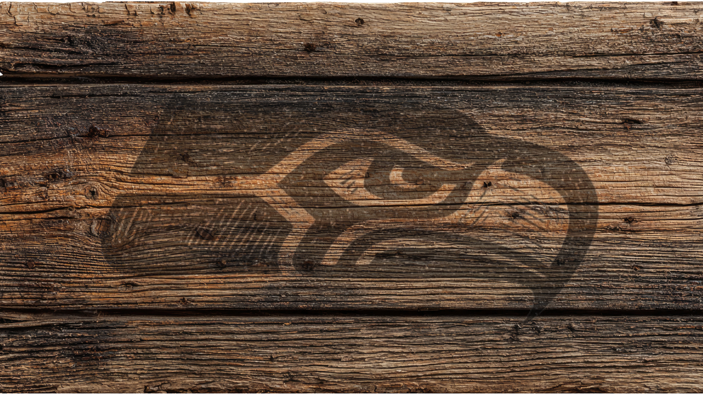 Rustic dark brown wood plank background with a faded black stylized bird head graphic across the center.