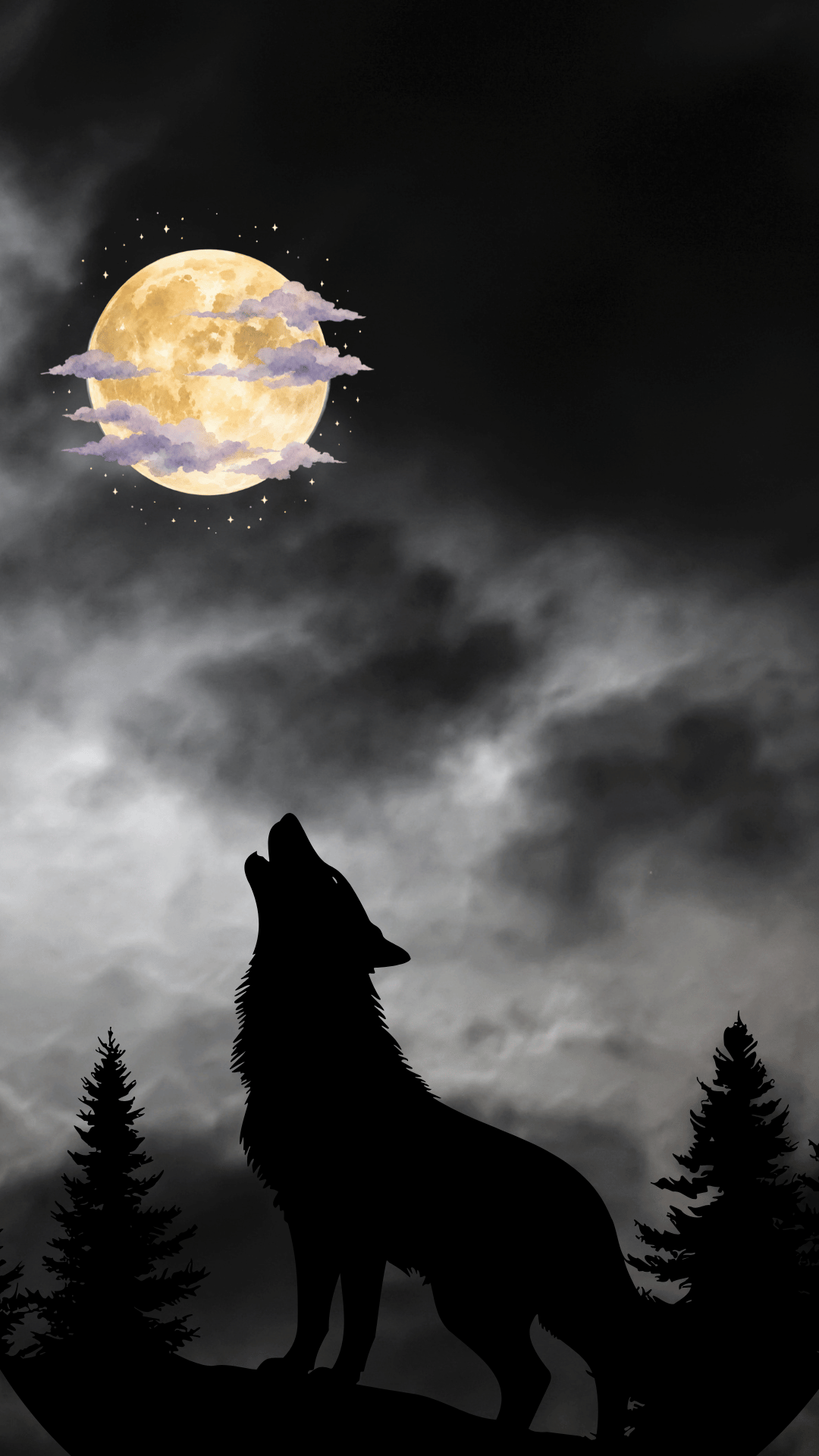 A black silhouette of a howling wolf standing among pine trees beneath a large glowing full moon and cloudy night sky.