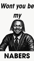 A black and white graphic print featuring a caricature of a smiling man in a Mr. Rogers Cardigan, with the text 'Wont you be my NABERS' in bold black lettering on a white background.