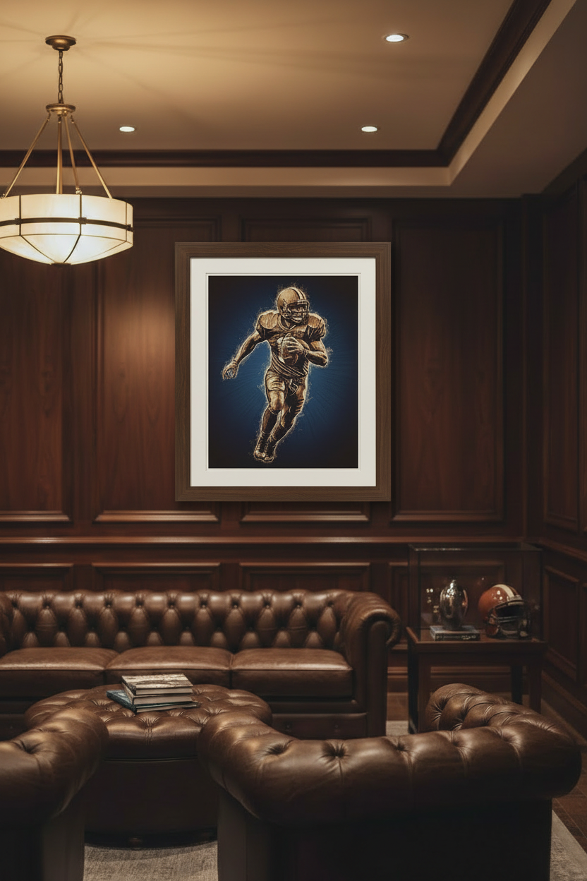 Joe Montana football poster framed in a man cave, dark blue gradient background, 18x24 digital print