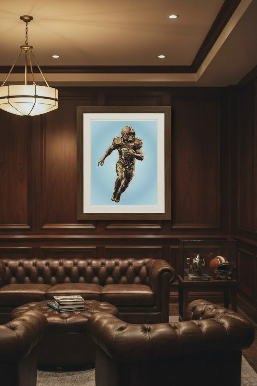Joe Montana woodburned-style football poster framed in a man cave, light blue gradient background, 18x24 digital print