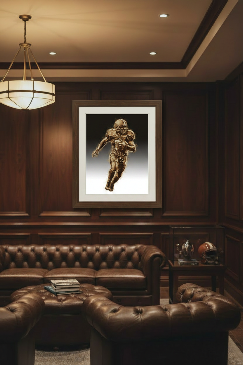 Joe Montana woodburned-style football poster framed in a man cave, black to white gradient background, 18x24 digital print