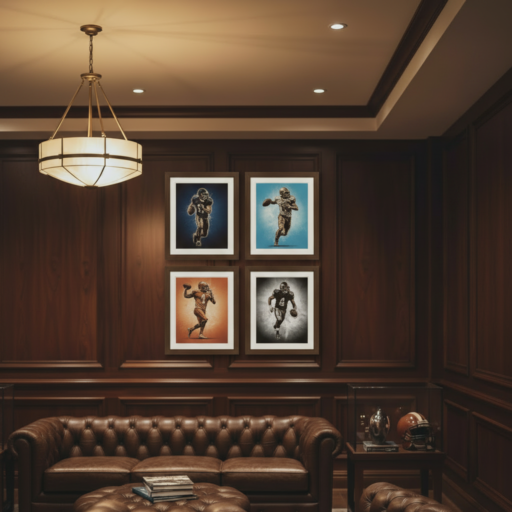 All four Joe Montana woodburned-style football posters framed in a gallery wall, man cave setting, 18x24 digital print bundle