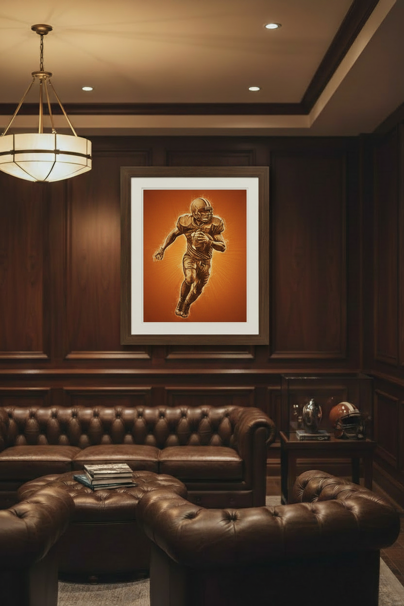 Joe Montana woodburned-style football poster framed in a man cave, warm orange gradient background, 18x24 digital print