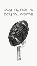 A black and white graphic design featuring a hand-drawn football on a stand with the text 'zay my name' repeated above it, set against a solid off-white background.